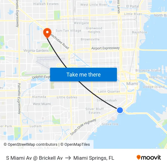 S Miami Av @ Brickell Av to Miami Springs, FL map