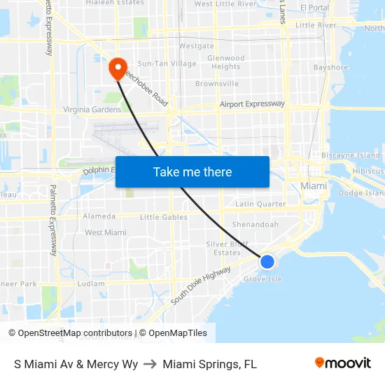 S Miami Av & Mercy Wy to Miami Springs, FL map