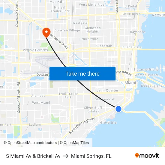 S Miami Av & Brickell Av to Miami Springs, FL map