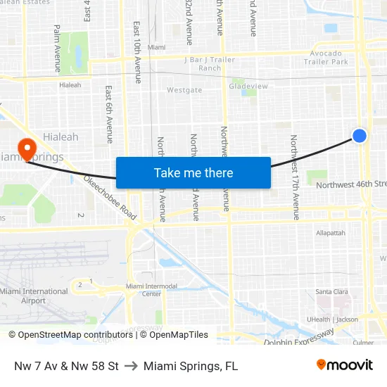 Nw 7 Av & Nw 58 St to Miami Springs, FL map