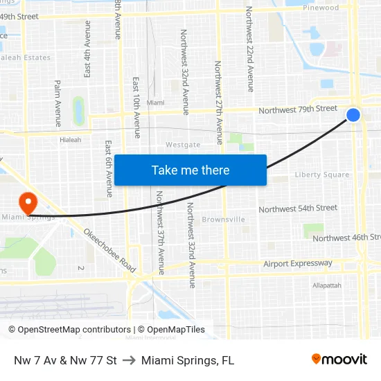 Nw 7 Av & Nw 77 St to Miami Springs, FL map