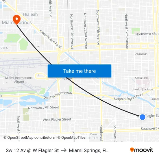 Sw 12 Av @ W Flagler St to Miami Springs, FL map