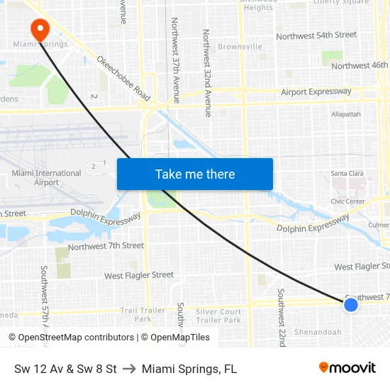 Sw 12 Av & Sw 8 St to Miami Springs, FL map
