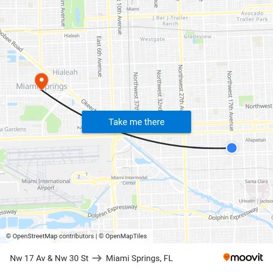 Nw 17 Av & Nw 30 St to Miami Springs, FL map