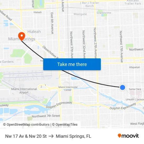 Nw 17 Av & Nw 20 St to Miami Springs, FL map