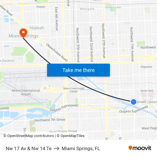 Nw 17 Av & Nw 14 Te to Miami Springs, FL map