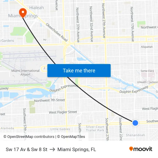 Sw 17 Av & Sw 8 St to Miami Springs, FL map