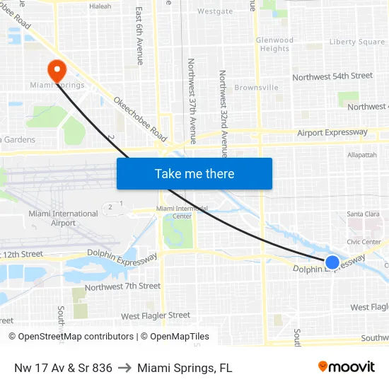 Nw 17 Av & Sr 836 to Miami Springs, FL map
