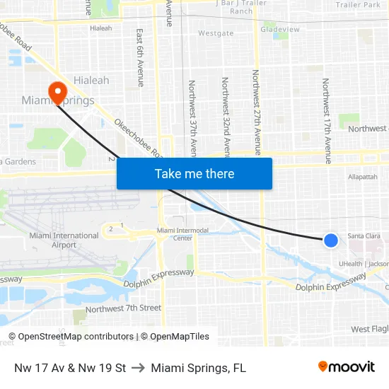 Nw 17 Av & Nw 19 St to Miami Springs, FL map