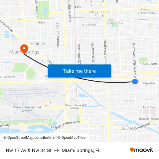 Nw 17 Av & Nw 34 St to Miami Springs, FL map