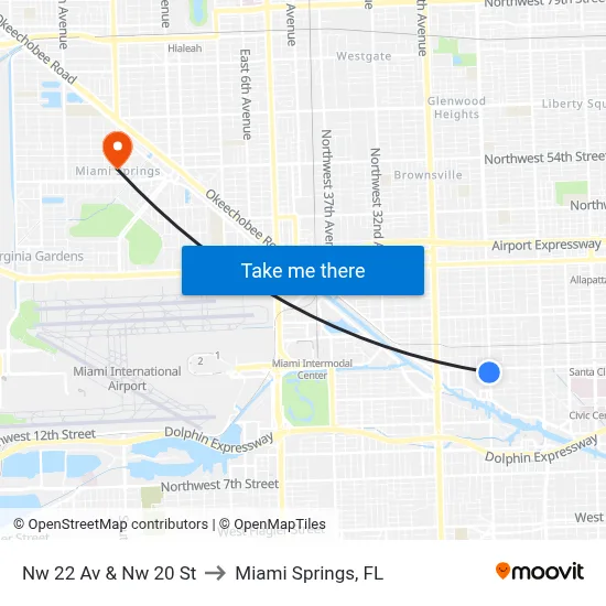 Nw 22 Av & Nw 20 St to Miami Springs, FL map