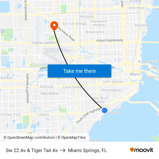 Sw 22 Av & Tiger Tail Av to Miami Springs, FL map