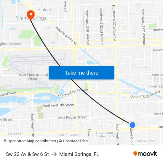 Sw 22 Av & Sw 6 St to Miami Springs, FL map