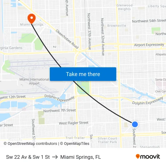 Sw 22 Av & Sw 1 St to Miami Springs, FL map