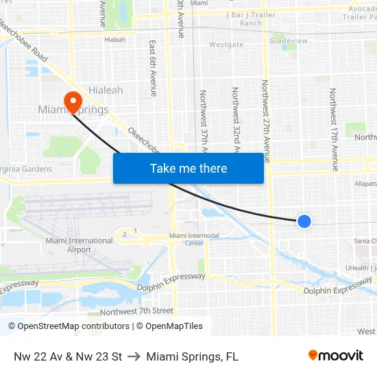 Nw 22 Av & Nw 23 St to Miami Springs, FL map