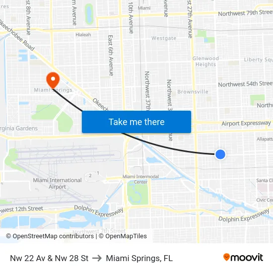 Nw 22 Av & Nw 28 St to Miami Springs, FL map