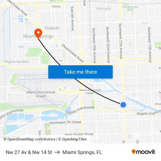 Nw 27 Av & Nw 14 St to Miami Springs, FL map