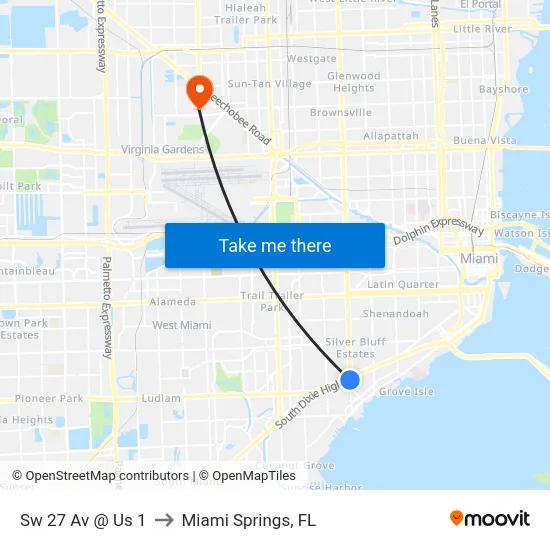 Sw 27 Av @ Us 1 to Miami Springs, FL map