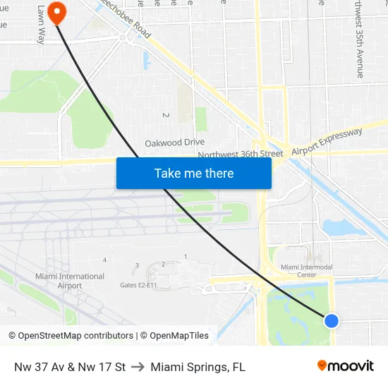 Nw 37 Av & Nw 17 St to Miami Springs, FL map