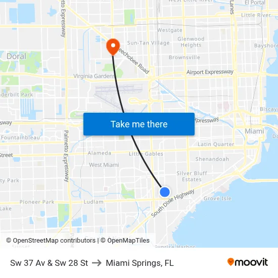 Sw 37 Av & Sw 28 St to Miami Springs, FL map