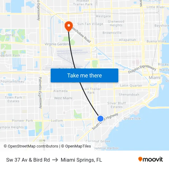 Sw 37 Av & Bird Rd to Miami Springs, FL map