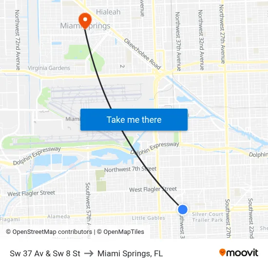Sw 37 Av & Sw 8 St to Miami Springs, FL map
