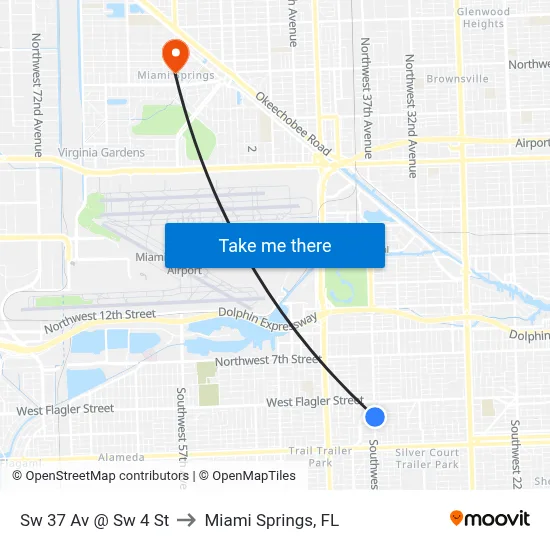Sw 37 Av @ Sw 4 St to Miami Springs, FL map