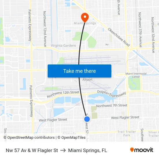 Nw 57 Av & W Flagler St to Miami Springs, FL map