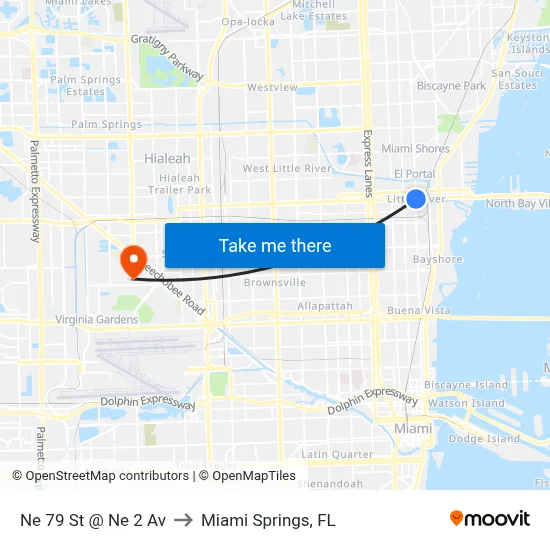 Ne 79 St @ Ne 2 Av to Miami Springs, FL map