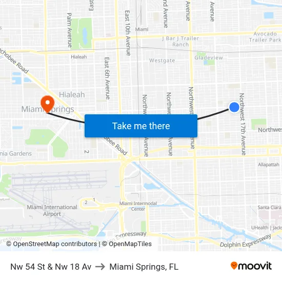 Nw 54 St & Nw 18 Av to Miami Springs, FL map