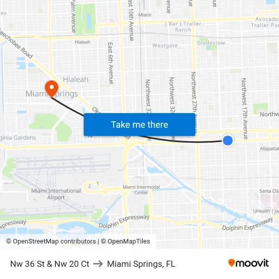 Nw 36 St & Nw 20 Ct to Miami Springs, FL map
