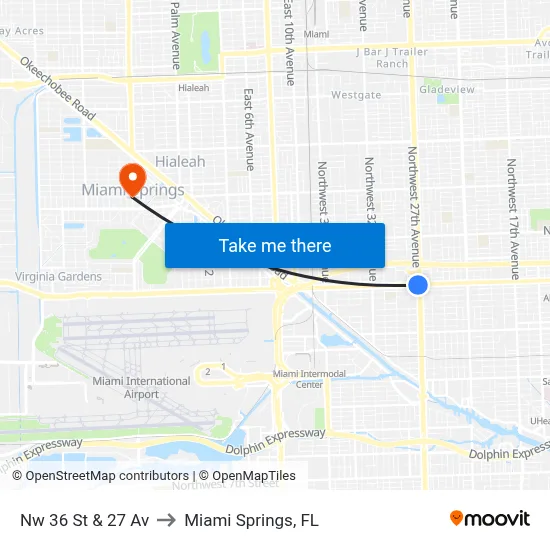 Nw 36 St & 27 Av to Miami Springs, FL map