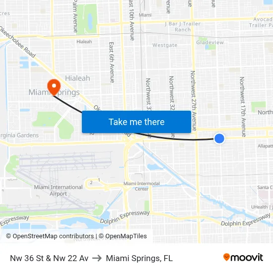 Nw 36 St & Nw 22 Av to Miami Springs, FL map