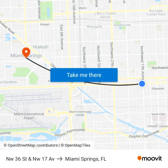 Nw 36 St & Nw 17 Av to Miami Springs, FL map