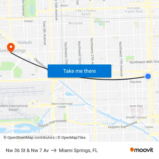 Nw 36 St & Nw 7 Av to Miami Springs, FL map