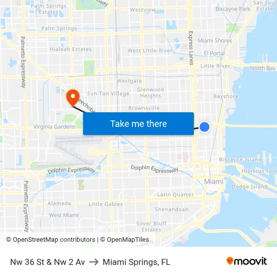 Nw 36 St & Nw 2 Av to Miami Springs, FL map
