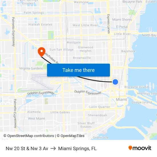 Nw 20 St & Nw 3 Av to Miami Springs, FL map