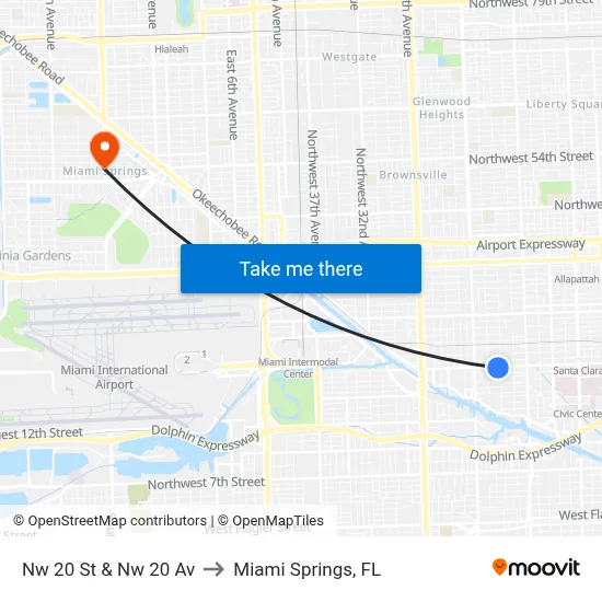 Nw 20 St & Nw 20 Av to Miami Springs, FL map