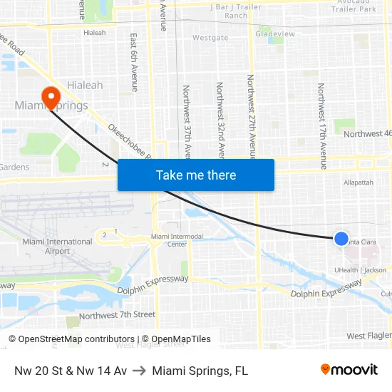 Nw 20 St & Nw 14 Av to Miami Springs, FL map