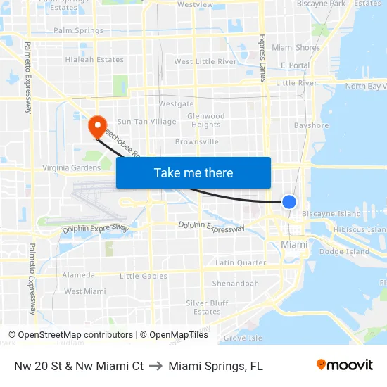 Nw 20 St & Nw Miami Ct to Miami Springs, FL map