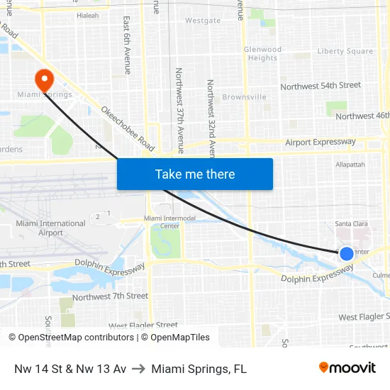 Nw 14 St & Nw 13 Av to Miami Springs, FL map