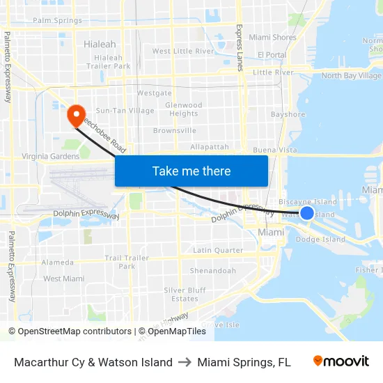 Macarthur Cy & Watson Island to Miami Springs, FL map