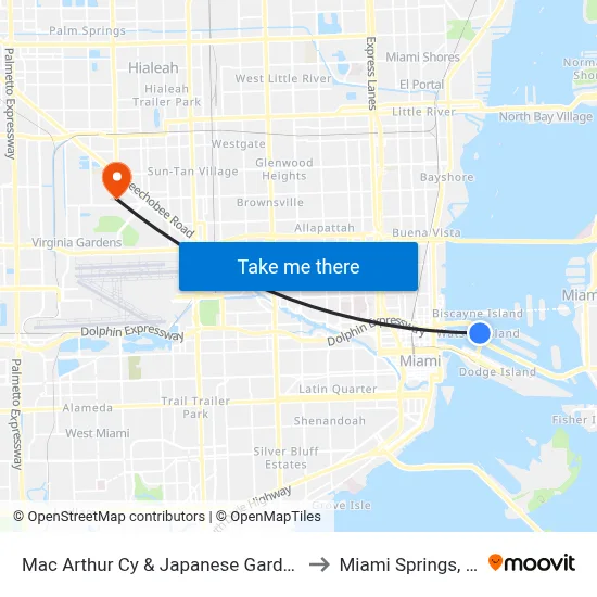 Mac Arthur Cy & Japanese Gardens to Miami Springs, FL map