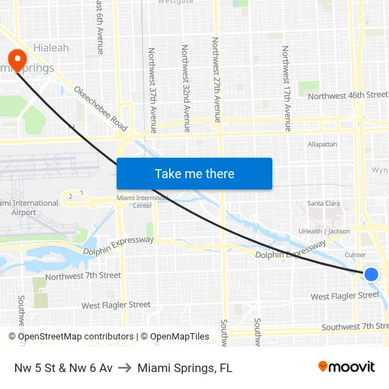 Nw 5 St & Nw 6 Av to Miami Springs, FL map