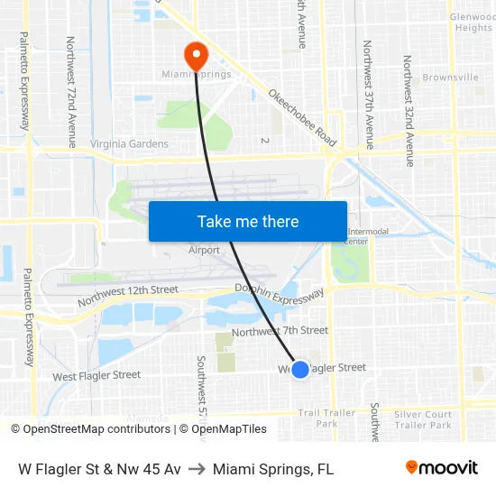 W Flagler St & Nw 45 Av to Miami Springs, FL map