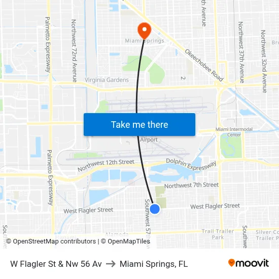 W Flagler St & Nw 56 Av to Miami Springs, FL map