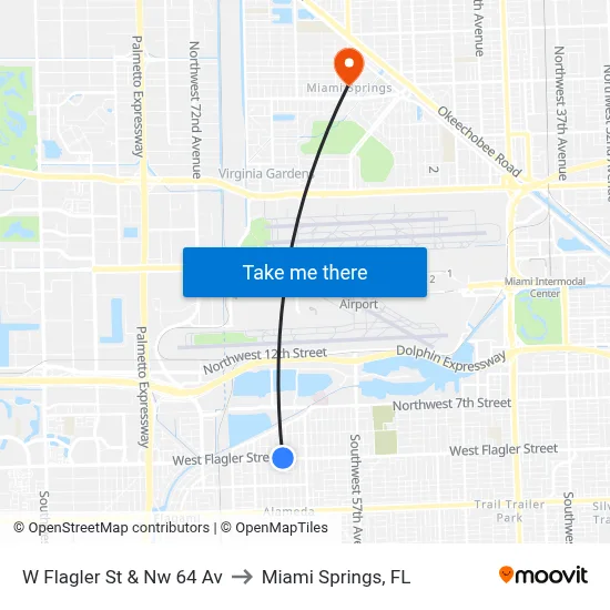 W Flagler St & Nw 64 Av to Miami Springs, FL map