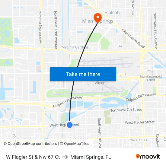 W Flagler St & Nw 67 Ct to Miami Springs, FL map