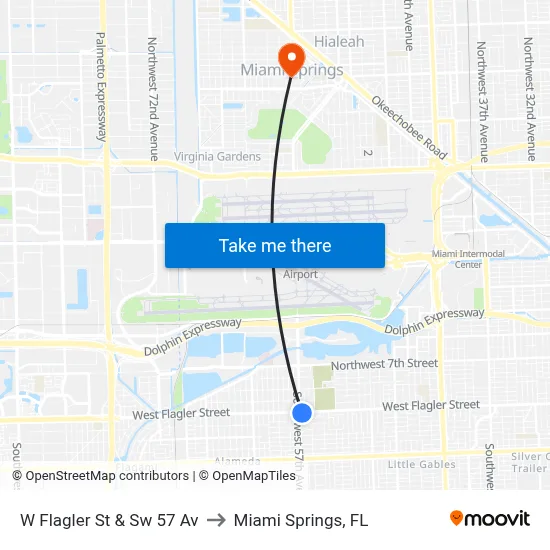 W Flagler St & Sw 57 Av to Miami Springs, FL map