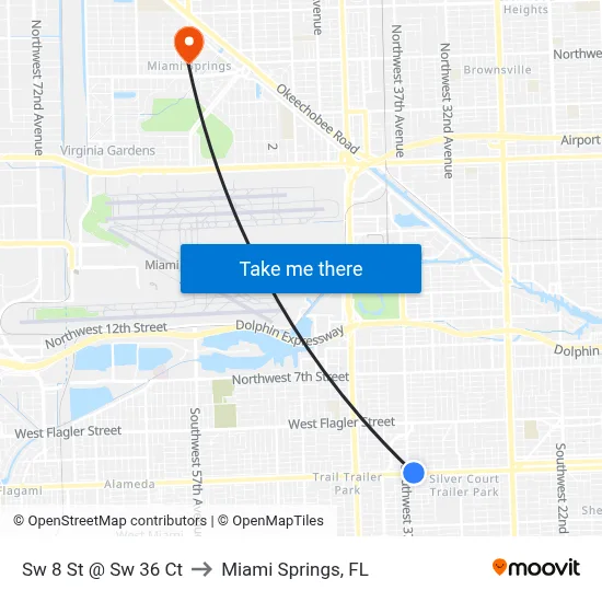 Sw 8 St @ Sw 36 Ct to Miami Springs, FL map